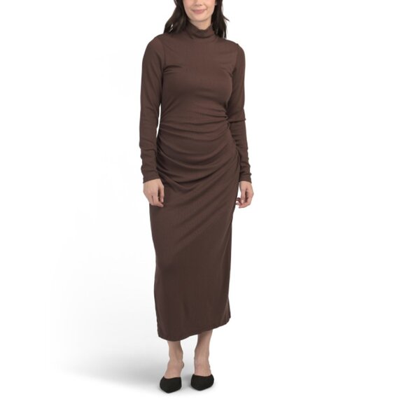 MARINE LAYER Cocoa Lexi Ribbed Ruched Turtleneck Maxi Dress - Picture 1 of 2